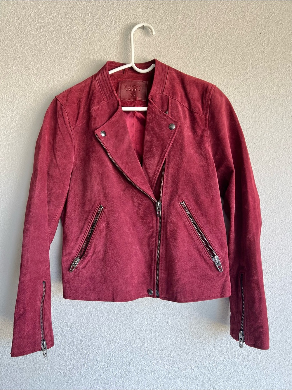BlankNYC Lined Suede Genuine Leather Moto Jacket Deep Red Wine Cranberry Medium
